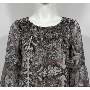 AB Studio Blouse Womens XL Brown Red Black Paisley Kimono Sleeve Chiffon Lined